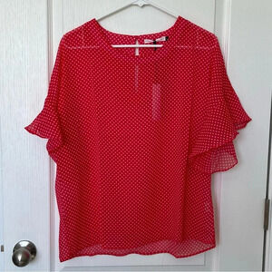 NWT Three Eighty Two Polka Dot Short Sleeve Sheer Top Size Large Red White